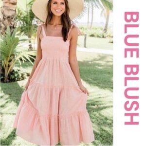 BLUE BLUSH Tiered Midi Dress, Smocked Top, Shoulder Strap Ties, Size S.